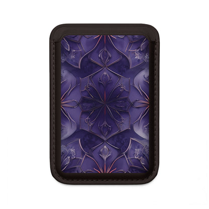 Violet Nebula MagSafe card holder with purple nebula-inspired geometric pattern on black magnetic wallet.