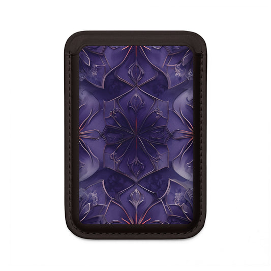 Violet Nebula MagSafe card holder with purple nebula-inspired geometric pattern on black magnetic wallet.