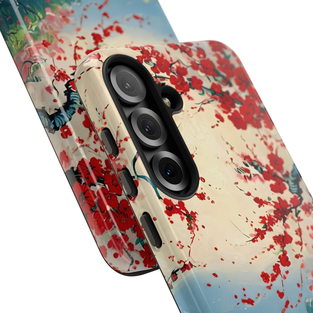 Crimson Blossom Lake - Artistic Floral Landscape Samsung Galaxy S25 Plus Tough Phone Case - Red Cherry Blossoms & Serene Lake Design
