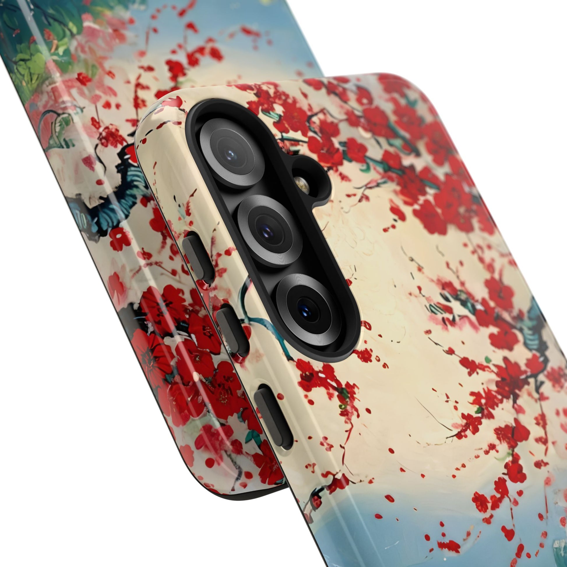 Crimson Blossom Lake - Artistic Floral Landscape Samsung Galaxy S25 Plus Tough Phone Case - Red Cherry Blossoms & Serene Lake Design