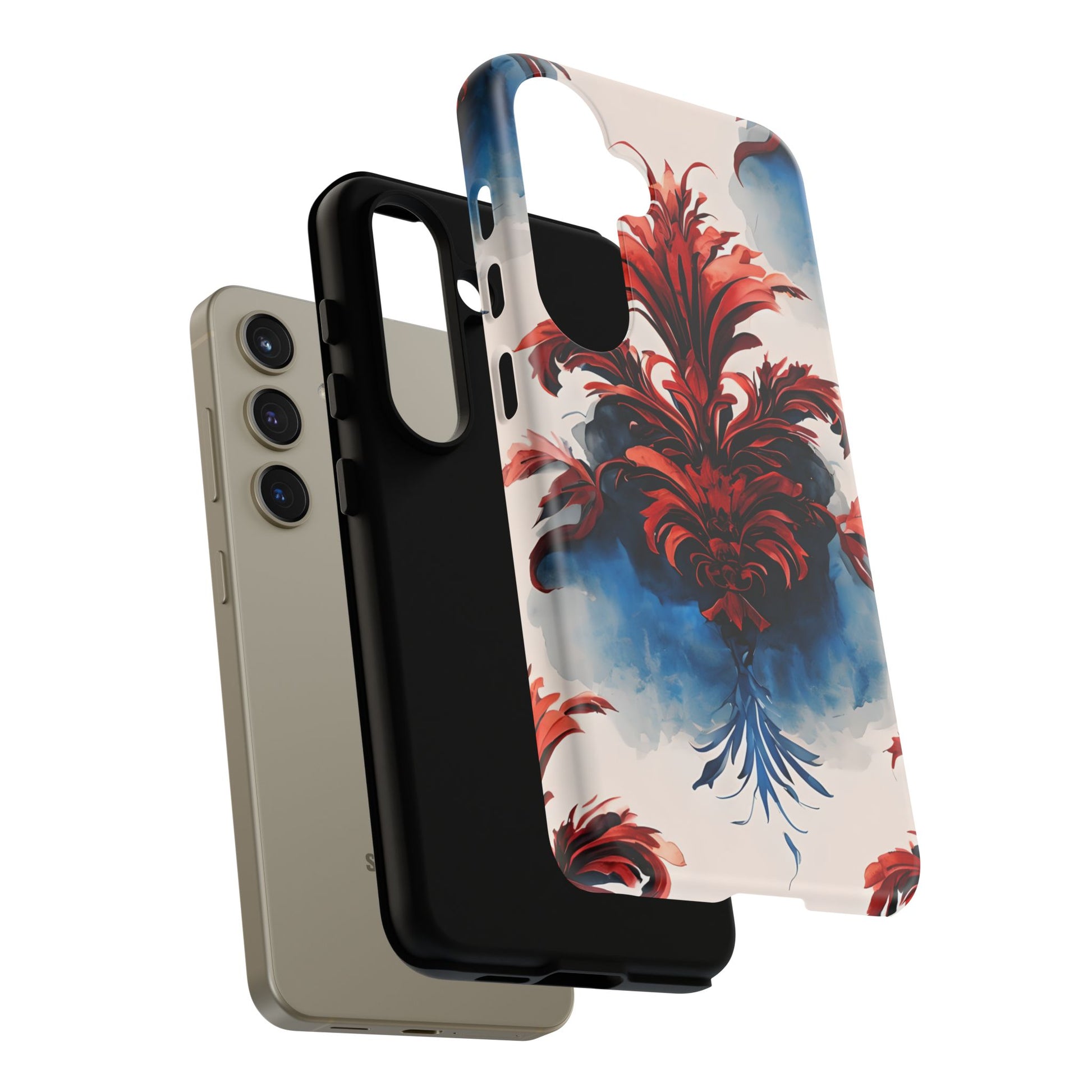 Crimson Plume - Bold Artistic Feather Samsung Galaxy S24 Tough Phone Case - Dramatic Red & Blue Design