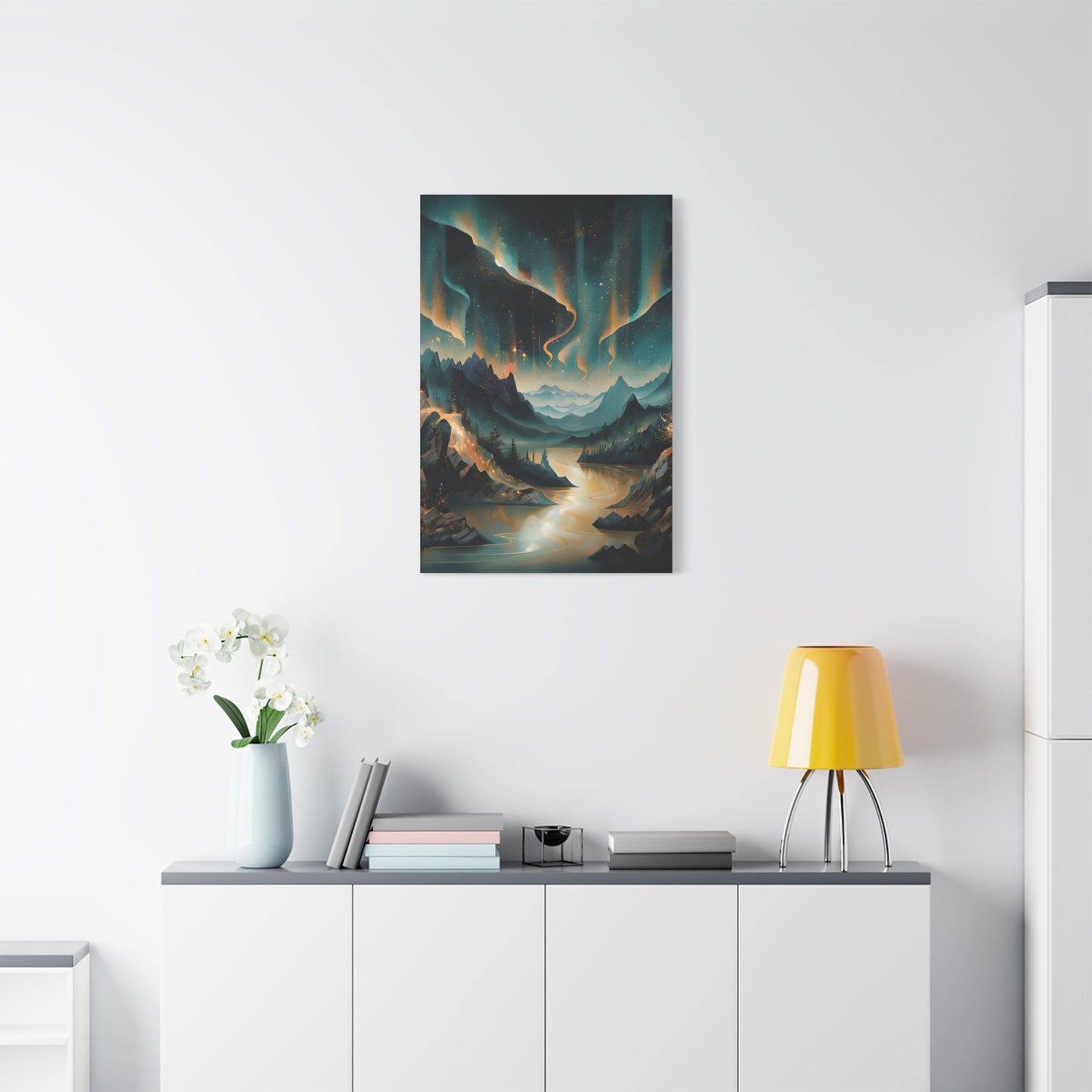 Aurora Dreamscape wall art canvas displayed above a modern white console table in a bright living room