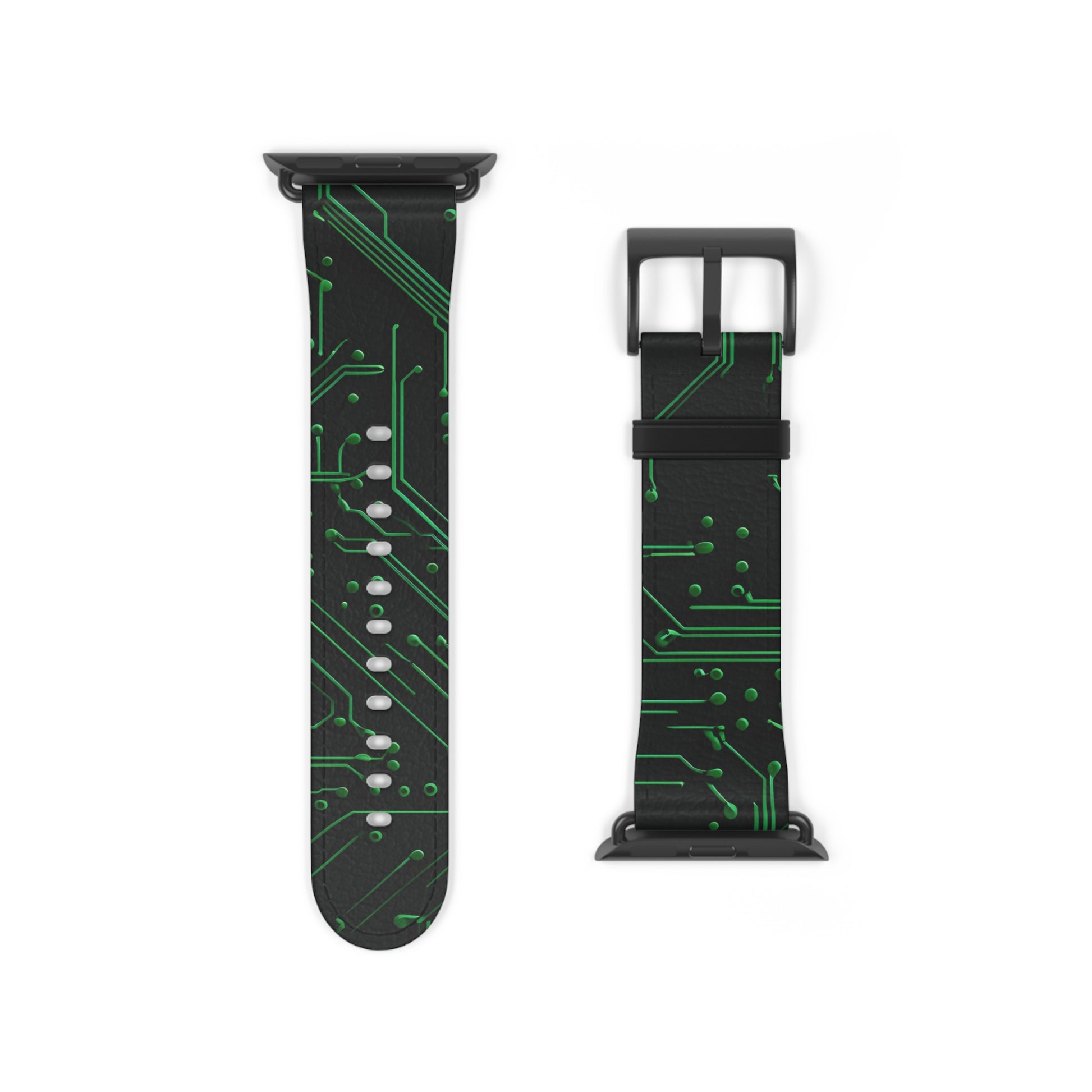 Green Circuit Grid Apple Watch band strap with black clasp displaying glowing green circuit grid pattern on dark background