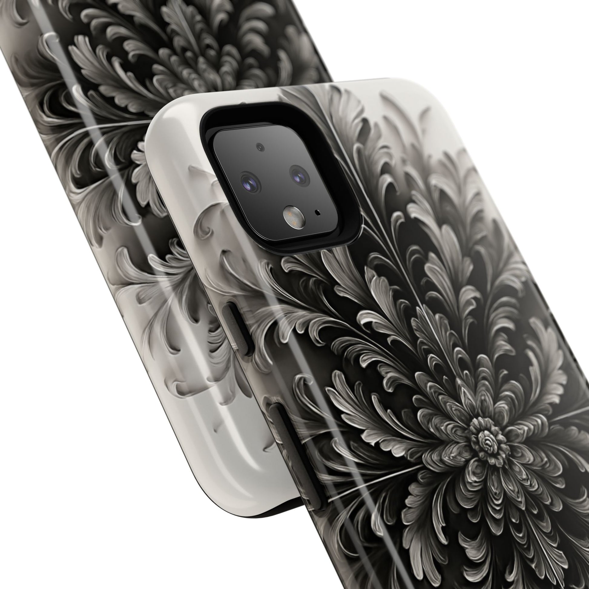 Obsidian Bloom - Elegant Black & White Google Pixel 4XL Tough Phone Case - Intricate Mandala Flower Design