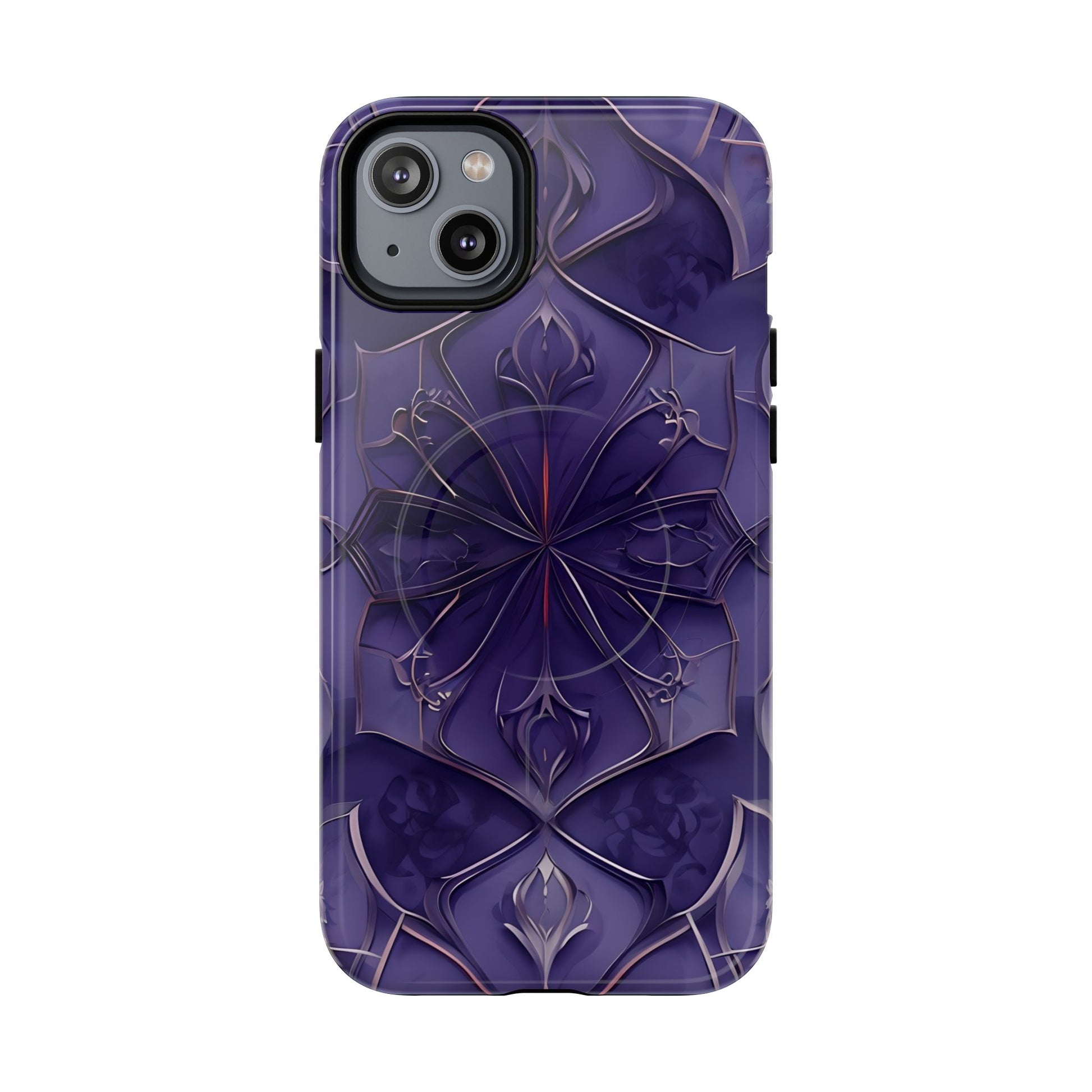 Violet Nebula - Kaleidoscope Collection Artistic Floral Burst - iPhone 14 Plus MagSafe Phone Case -Bold Purple Symmetrical Design