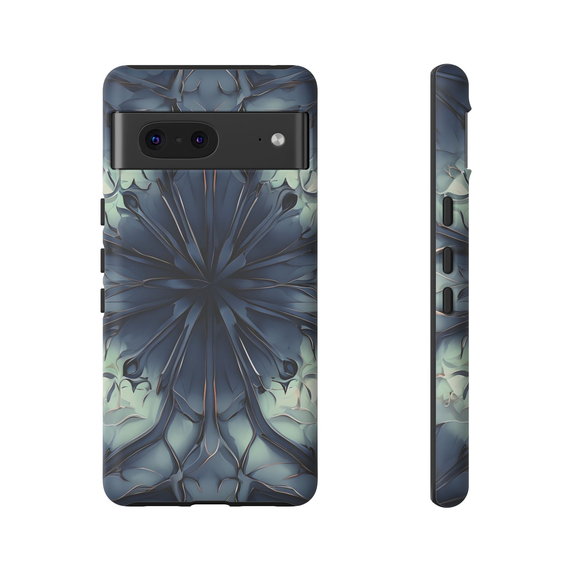 Indigo Mosaic - Artistic Kaleidoscope Collection Artistic Floral - Google Pixel 7 Tough Phone Case - Bold Blue Symmetrical Design