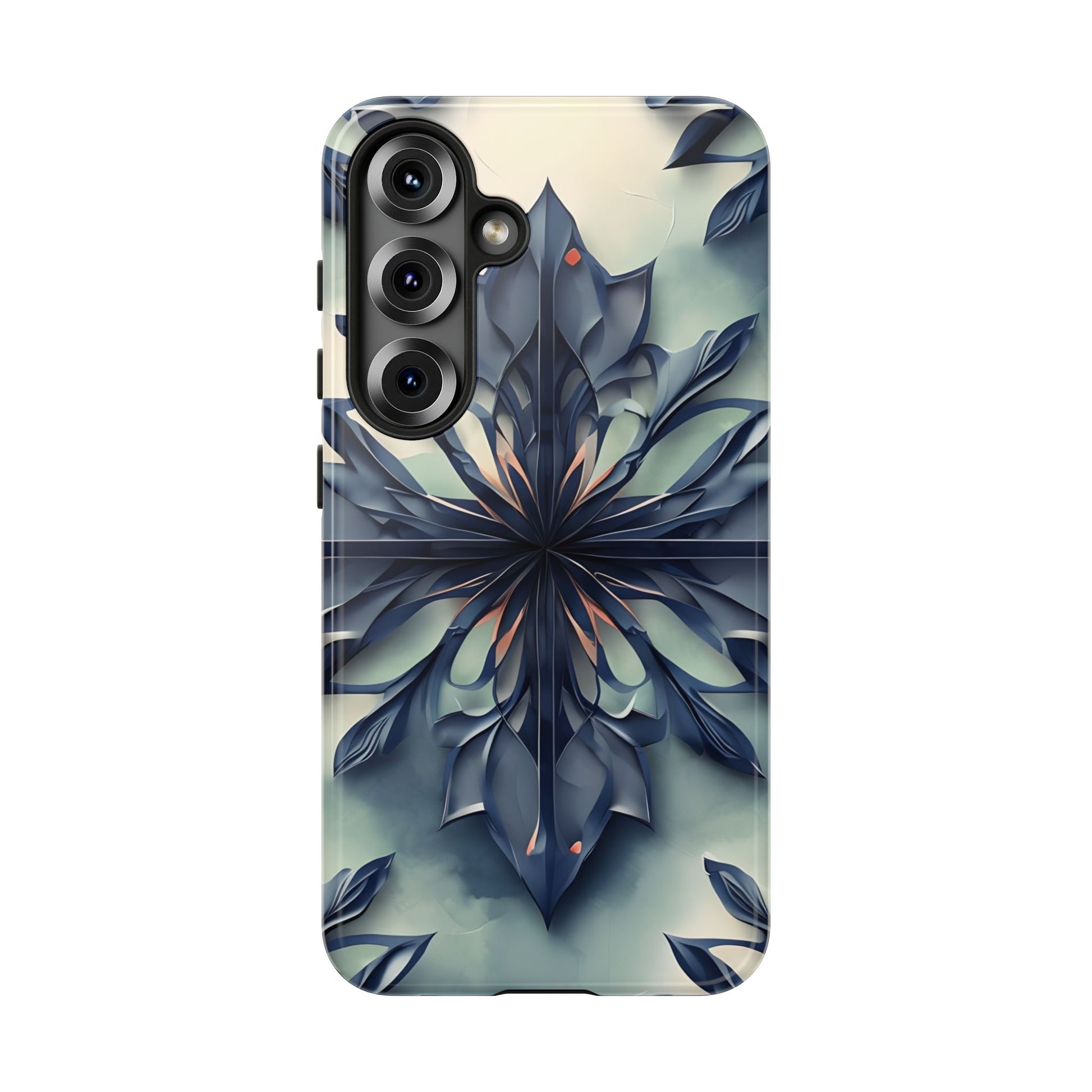 Frosted Indigo Bloom - Artistic Kaleidoscope Collection Artistic Floral - Samsung Galaxy S25 Tough Phone Case - Blue Symmetrical Design