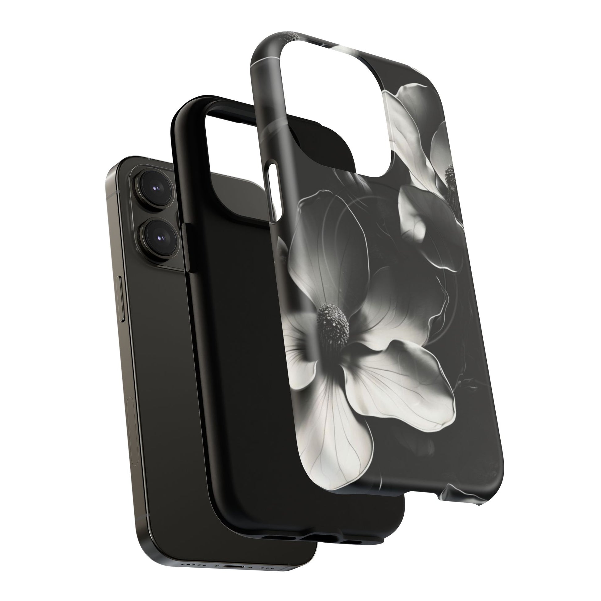 Monochrome Magnolia - Elegant Black & White Floral iPhone 14 Pro MagSafe Phone Case - Artistic Magnolia Design