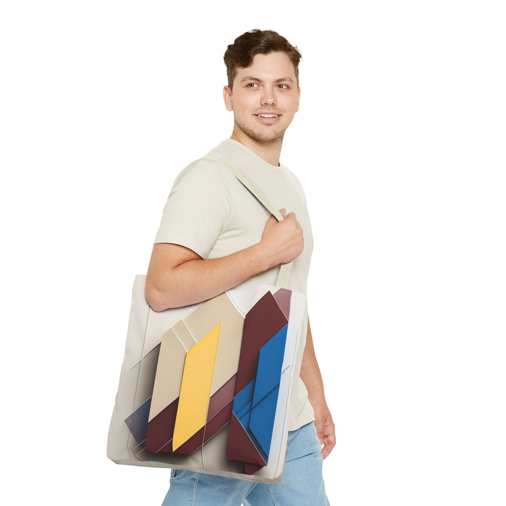 Chromatic Construct Tote Bag (16x16 & 18x18)- Bold Geometric Colorblock on Beige Canvas, Reusable & Eco-Friendly