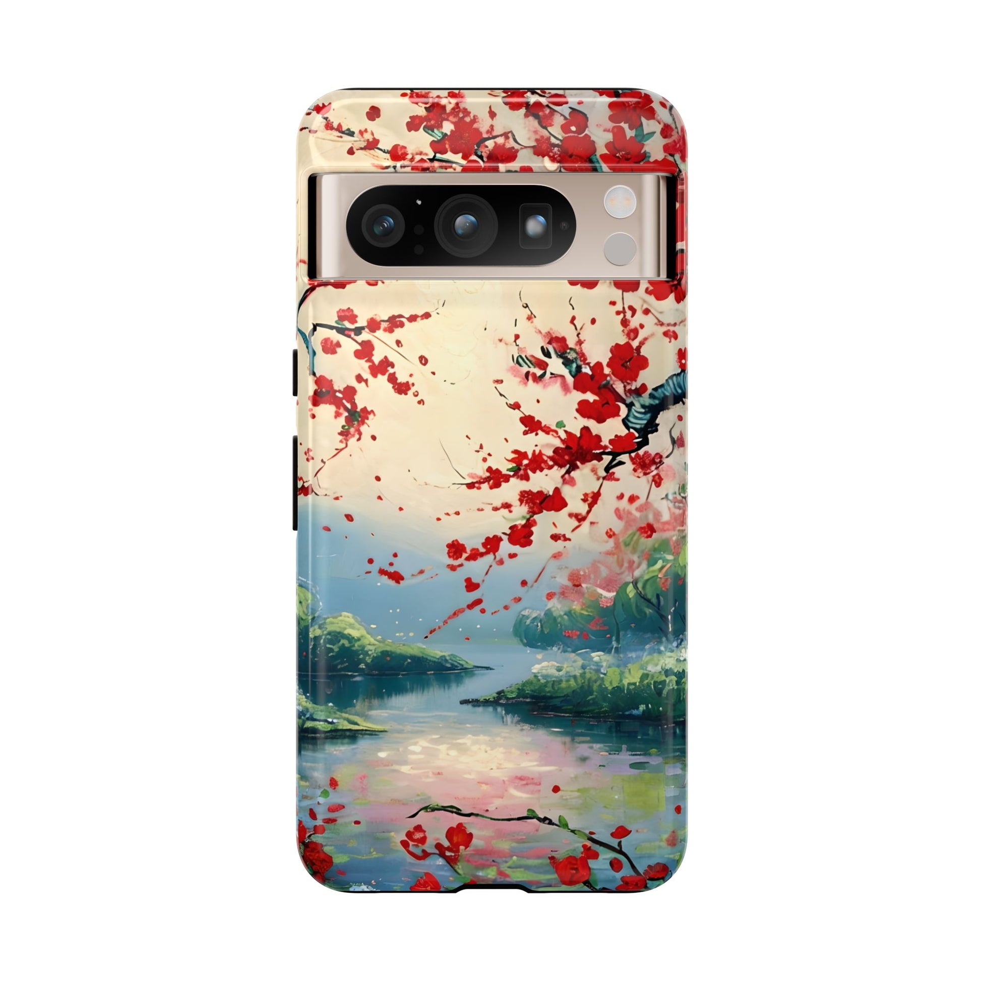 Crimson Blossom Lake - Artistic Floral Landscape Google Pixel 8 Pro Tough Phone Case - Red Cherry Blossoms & Serene Lake Design