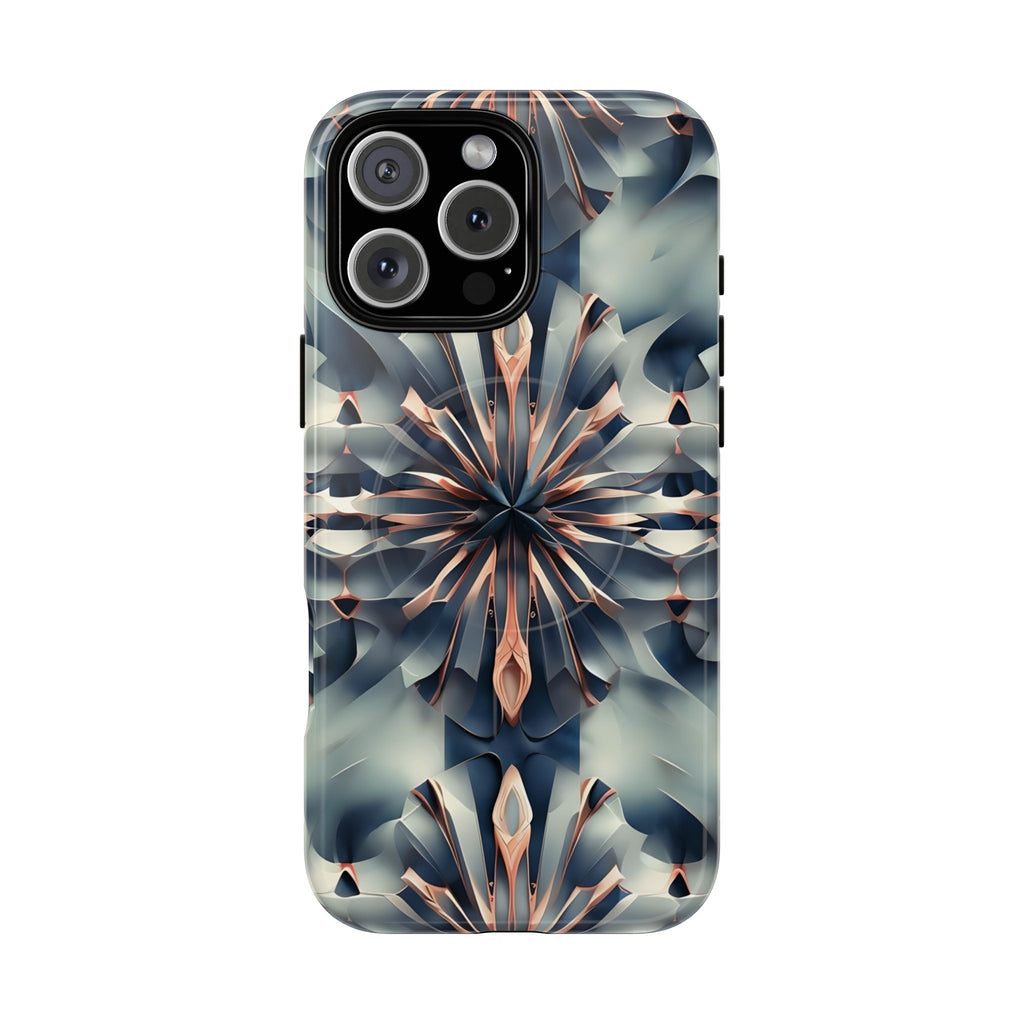 Obsidian Kaleidoscope Artistic Floral Burst - iPhone 16 Pro Max MagSafe Phone Case -Blue, Peach and Silver Symmetrical Design