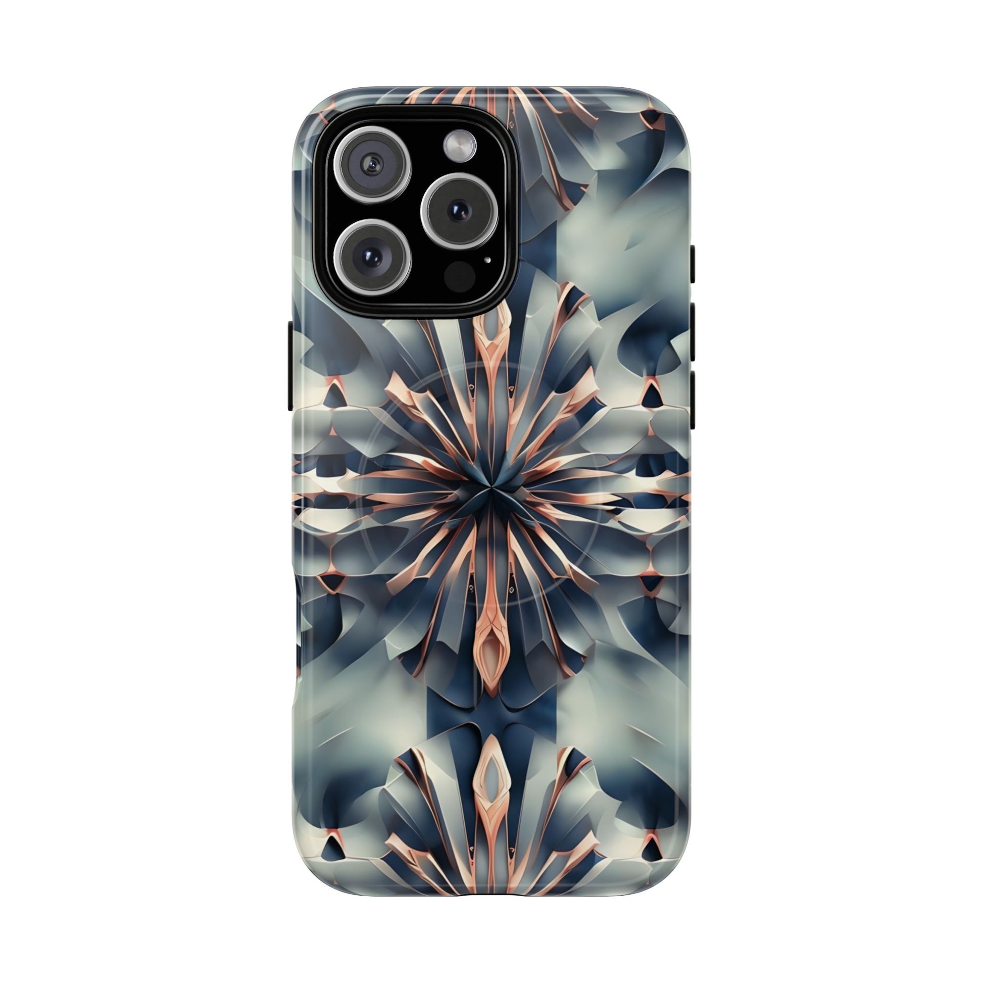 Obsidian Kaleidoscope Artistic Floral Burst - iPhone 16 Pro Max MagSafe Phone Case -Blue, Peach and Silver Symmetrical Design