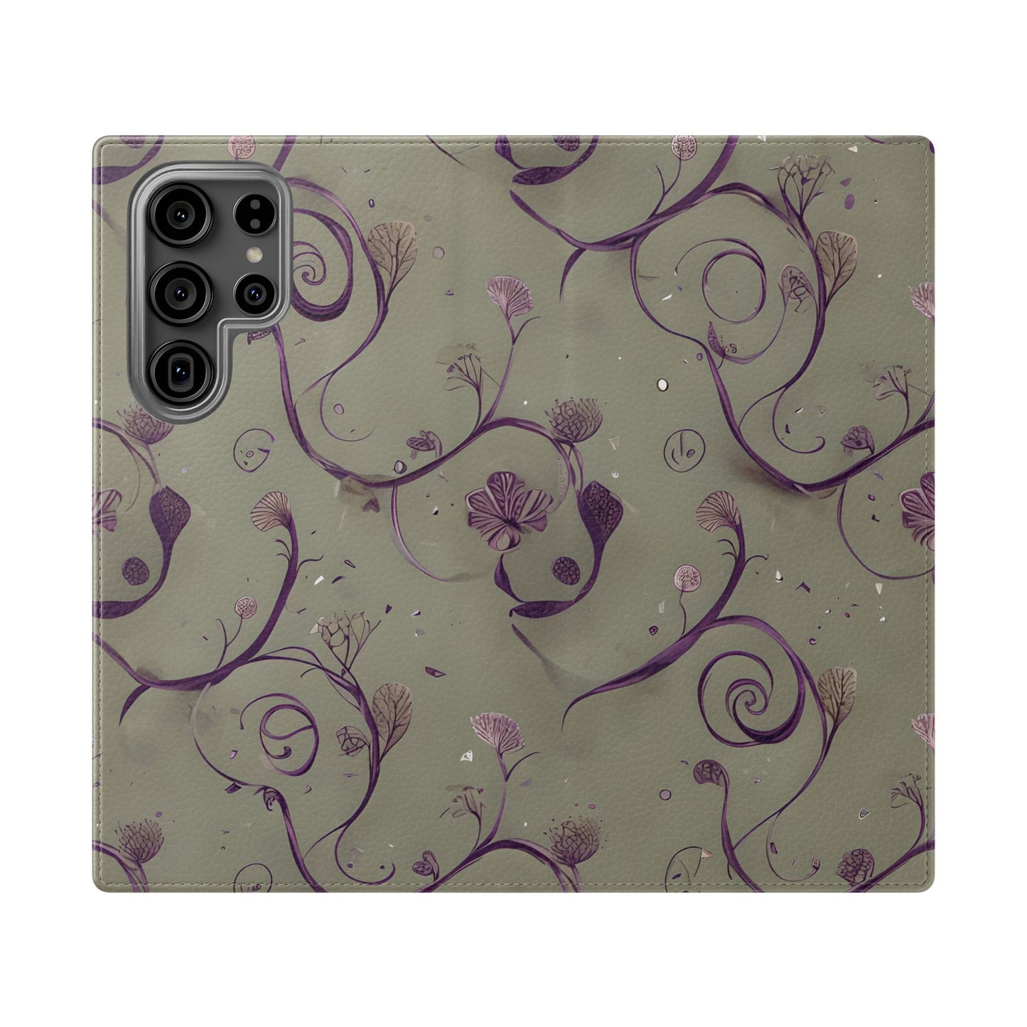 Twilight Thistle Bloom Samsung Galaxy wallet flip phone case with purple thistle vines and botanical floral pattern on soft neutral background