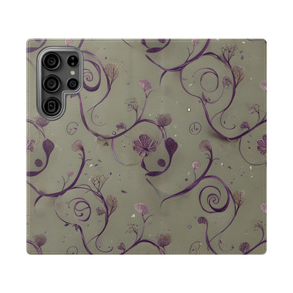 Twilight Thistle Bloom Samsung Galaxy wallet flip phone case with purple thistle vines and botanical floral pattern on soft neutral background