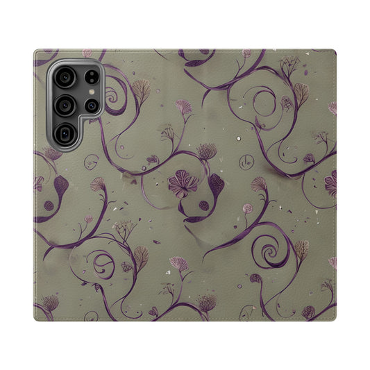Twilight Thistle Bloom Samsung Galaxy wallet flip phone case with purple thistle vines and botanical floral pattern on soft neutral background