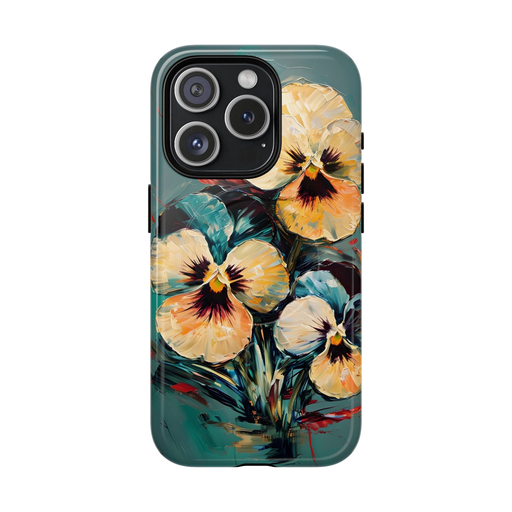Golden Pansy Cascade - Elegant Floral iPhone 15 Pro MagSafe Case with Deep Teal Background