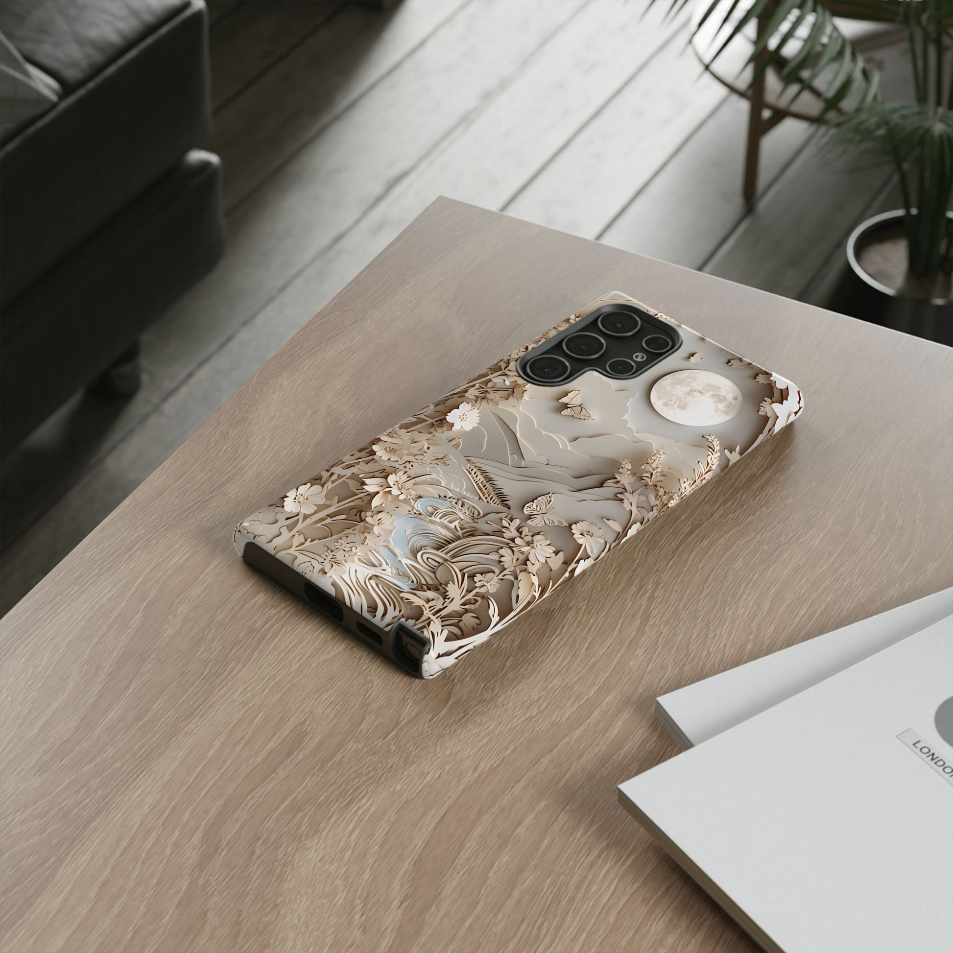 Moonlit Garden - Elegant Neutral Floral Samsung Galaxy S22 Ultra Tough Phone Case - Painterly Botanical & Moon Design