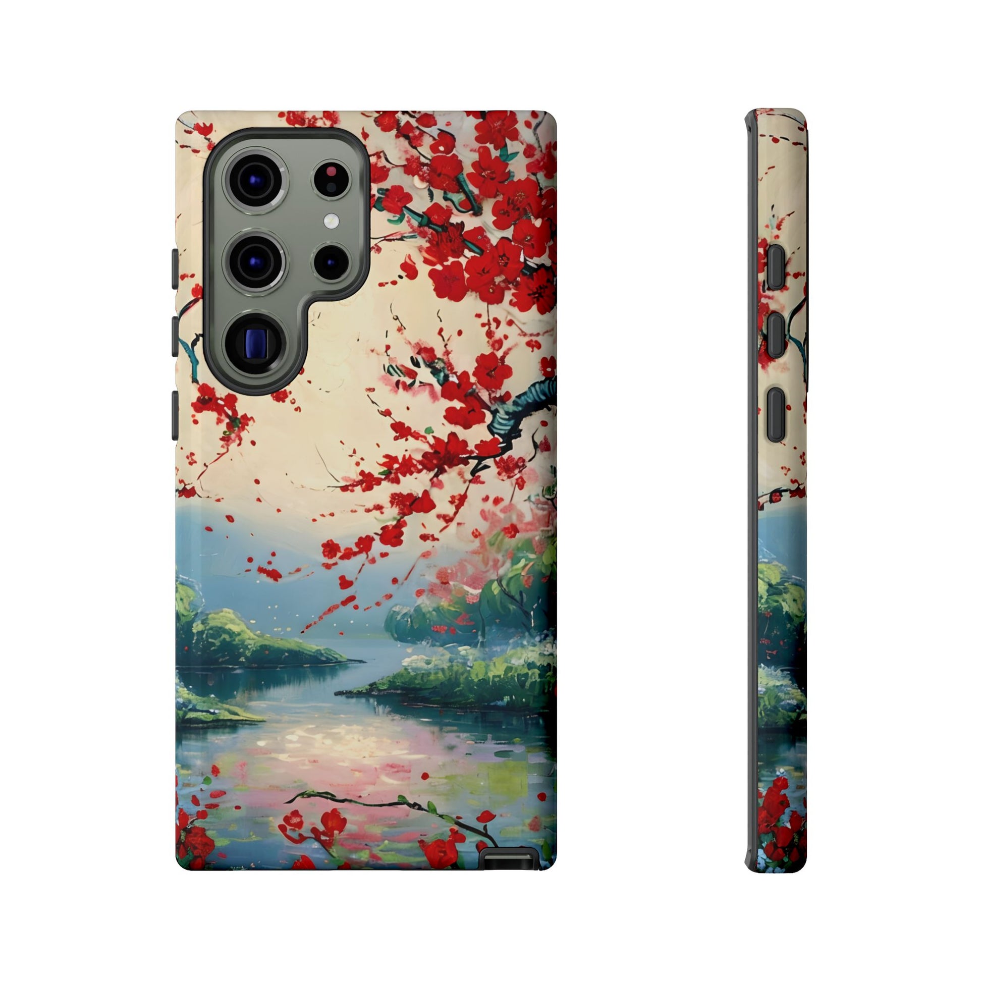 Crimson Blossom Lake - Artistic Floral Landscape Samsung Galaxy S23 Ultra Tough Phone Case - Red Cherry Blossoms & Serene Lake Design