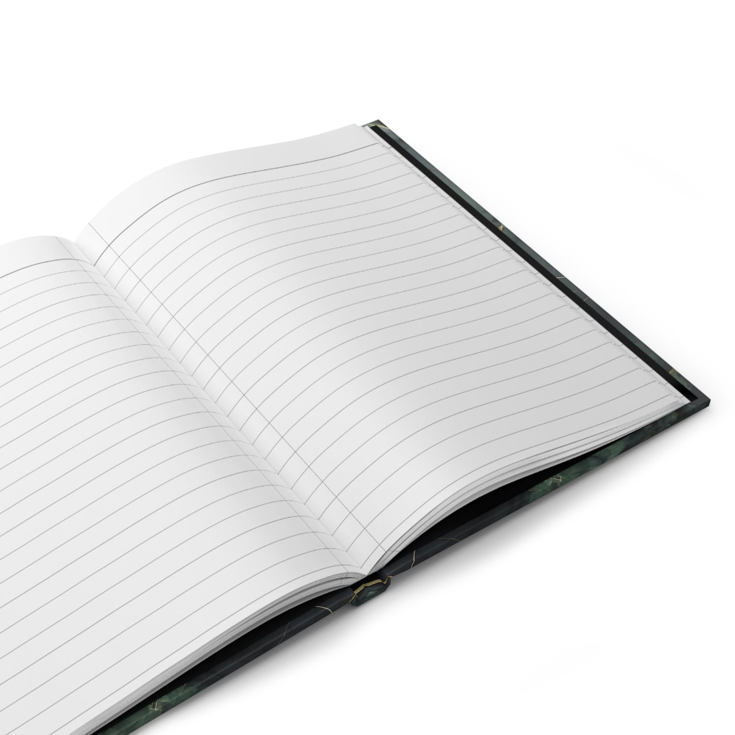 Open hardcover journal showing lined writing pages inside Verdant Vein notebook
