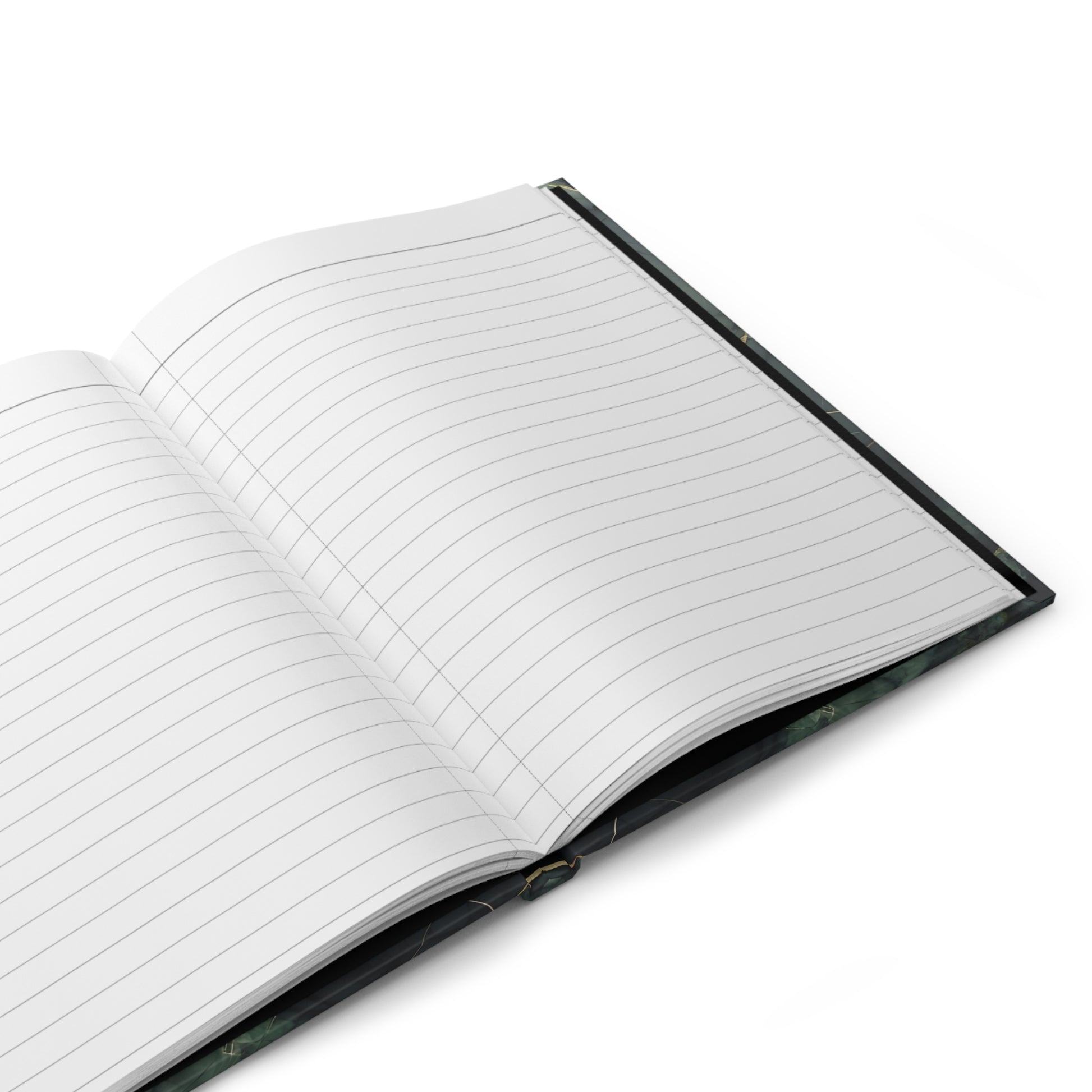 Open hardcover journal showing lined writing pages inside Verdant Vein notebook