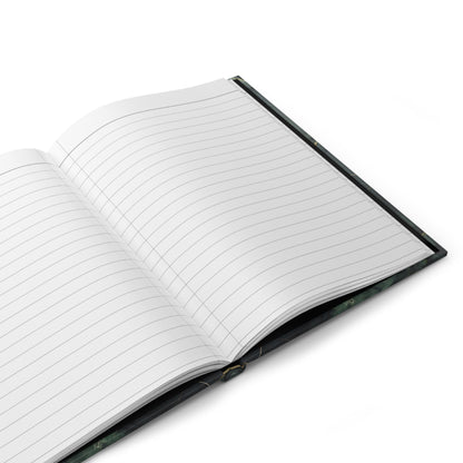 Open hardcover journal showing lined writing pages inside Verdant Vein notebook