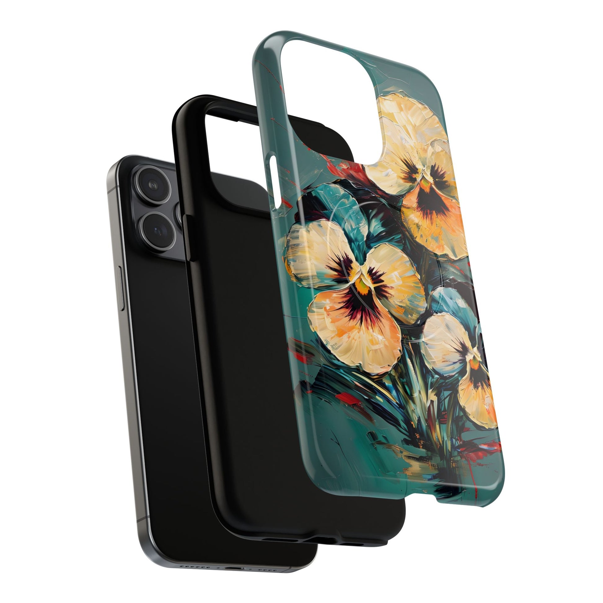 Golden Pansy Cascade - Elegant Floral iPhone 15 Pro Max MagSafe Case with Deep Teal Background