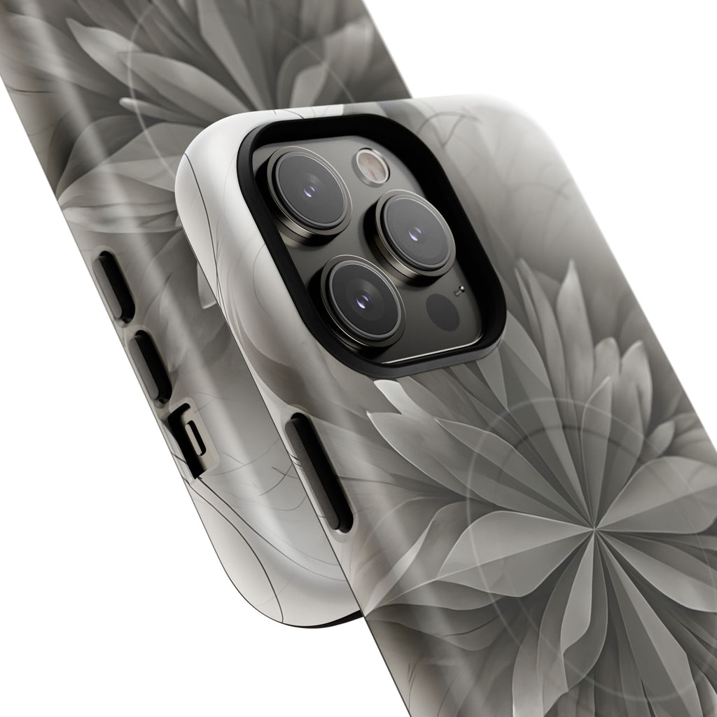 Silver Lotus - Elegant Monochrome Floral iPhone 14 Pro Max MagSafe Phone Case - Modern Lotus Design
