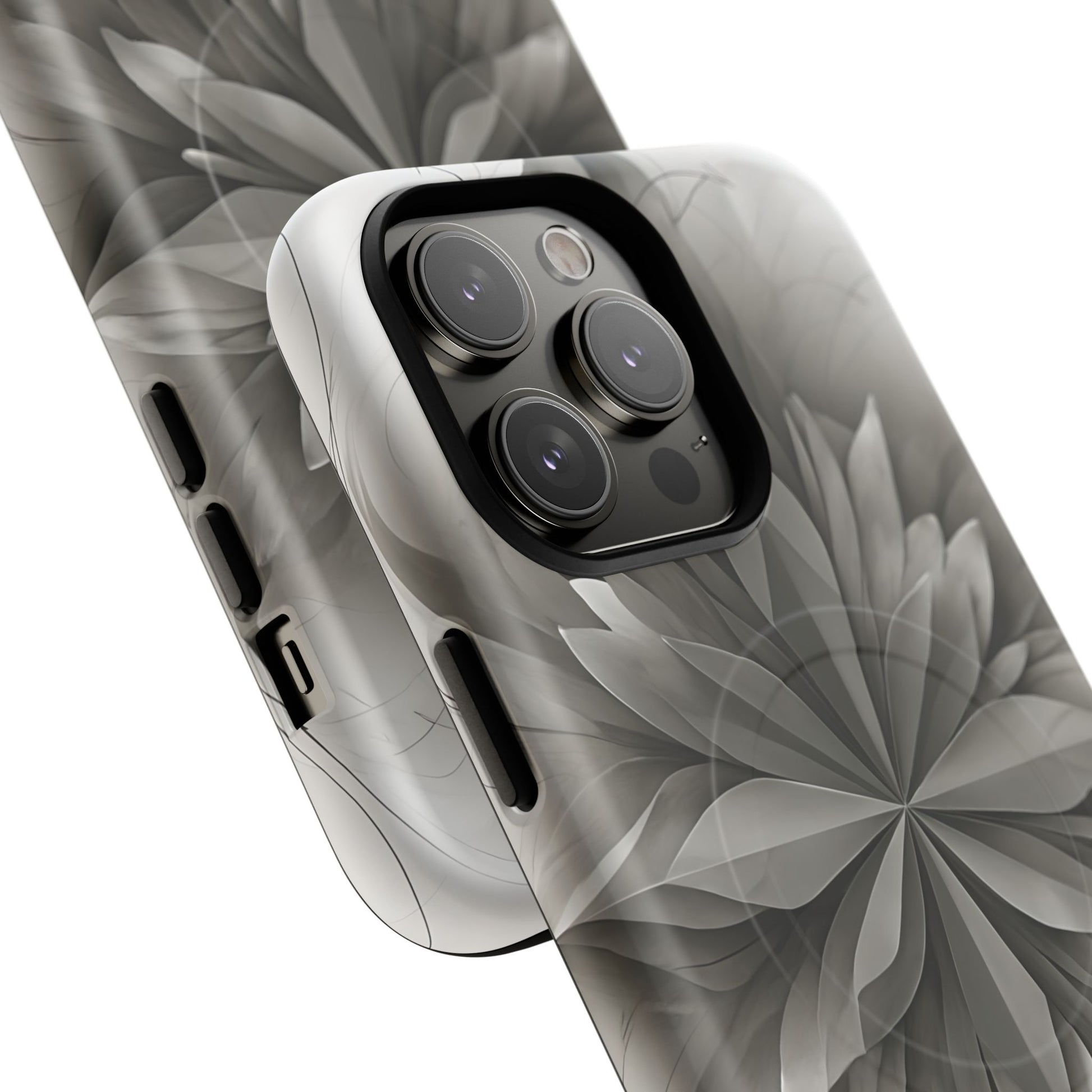 Silver Lotus - Elegant Monochrome Floral iPhone 14 Pro Max MagSafe Phone Case - Modern Lotus Design