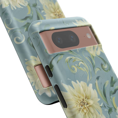 Golden Dahlia Trio - Elegant Floral Google Pixel Tough Phone Case - Artistic White & Blue Dahlia Design