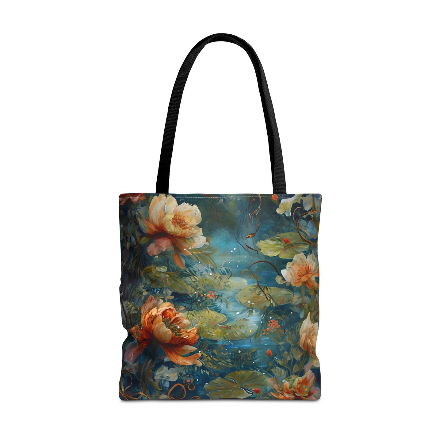 Waterlily Nocturne Canvas Tote Bag (16x16 & 18x18)- Premium Navy Handle Designer Tote, Artistic Eco-Friendly Shopping Bag
