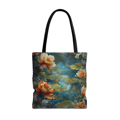 Waterlily Nocturne Canvas Tote Bag (16x16 & 18x18)- Premium Navy Handle Designer Tote, Artistic Eco-Friendly Shopping Bag