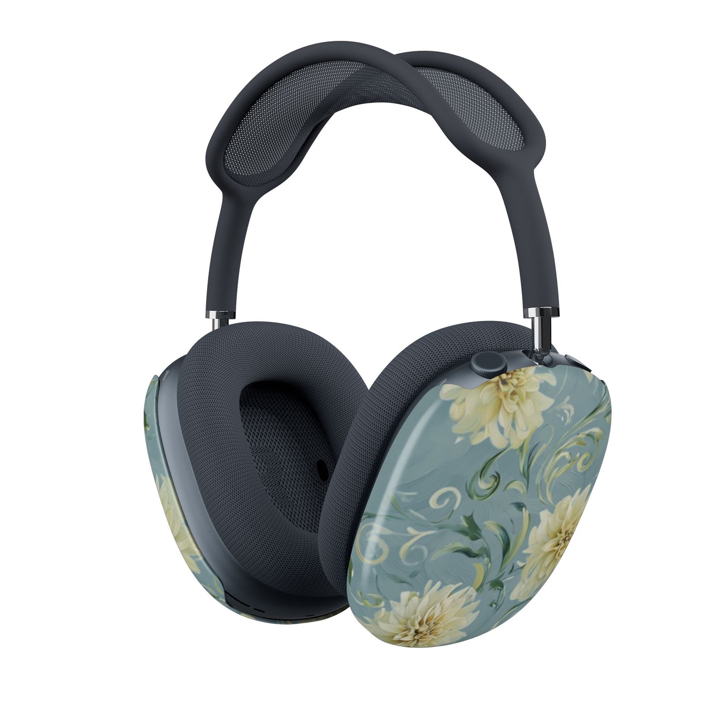 Golden Dahlia Trio AirPods Max cover with three soft gold dahlia flowers and swirling leaves on muted blue background, angled view on Apple AirPods Max headphones