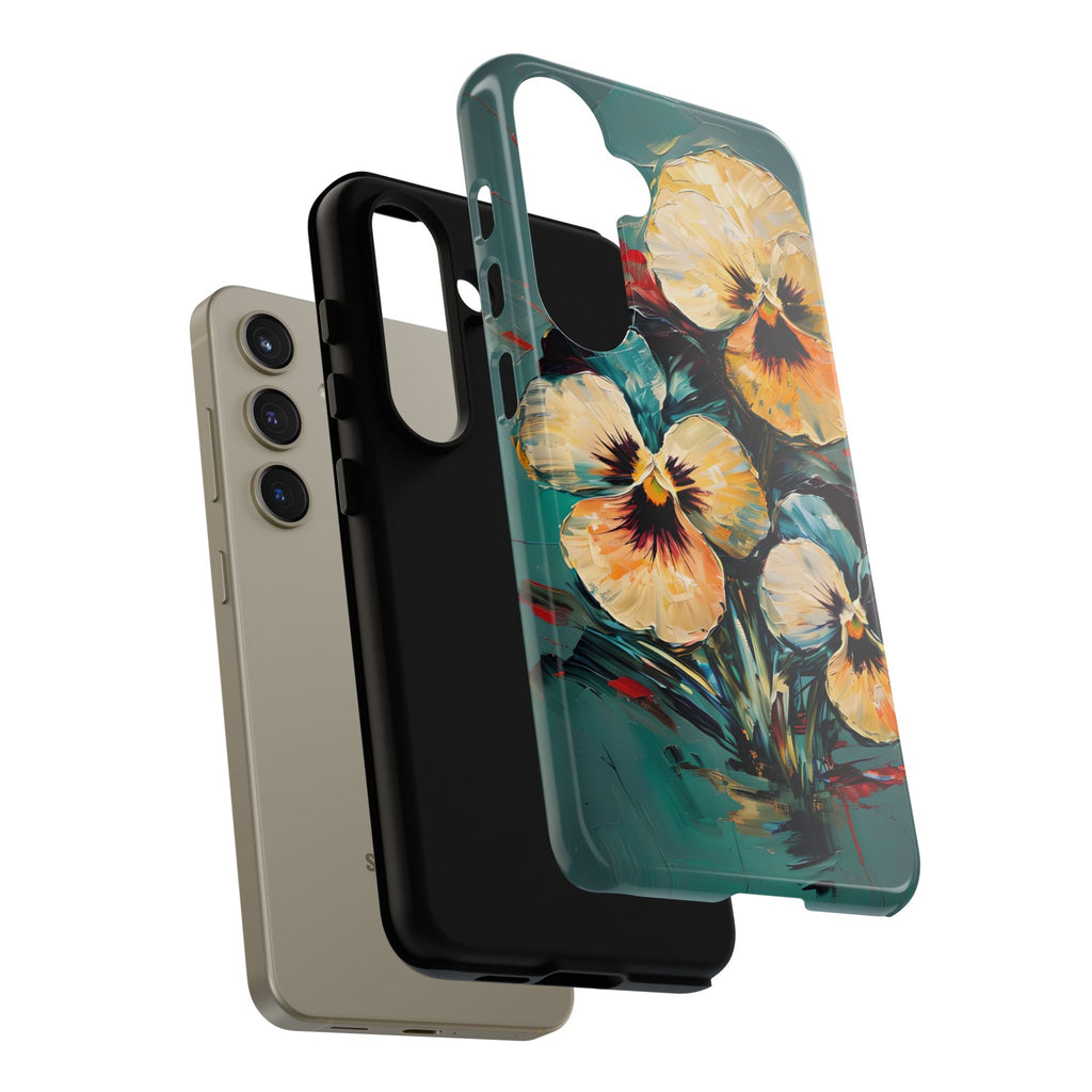 Golden Pansy Cascade Tough Case for Samsung Galaxy S24 - Floral Artistic Shockproof Cover, Elegant Protective Phone Case