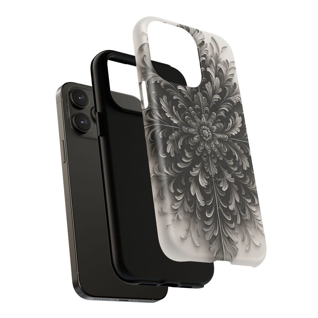 Obsidian Bloom - Elegant Black & White iPhone 14 Pro Max MagSafe Phone Case - Intricate Mandala Flower Design