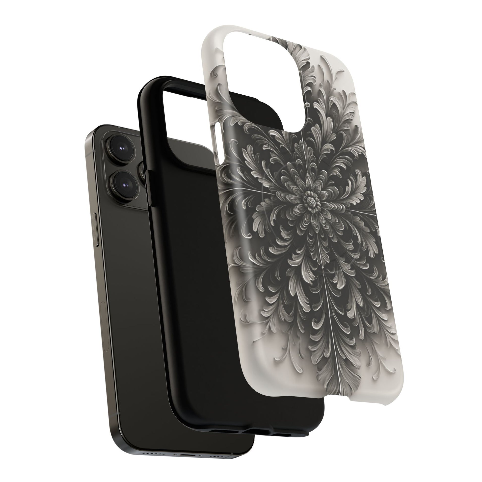 Obsidian Bloom - Elegant Black & White iPhone 14 Pro Max MagSafe Phone Case - Intricate Mandala Flower Design