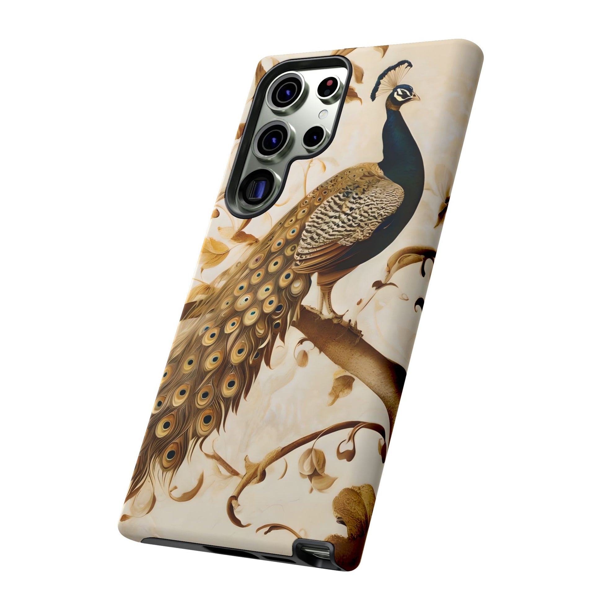 Golden Plumage - Luxe Peacock Art Samsung Galaxy S23 Ultra Phone Case - Elegant Gold & Cream Design