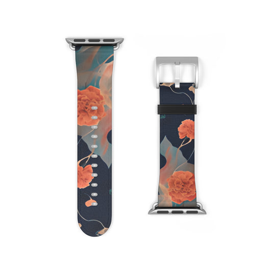 Lotus Reverie Apple Watch band strap with silver clasp showing coral lotus floral pattern on dark blue background