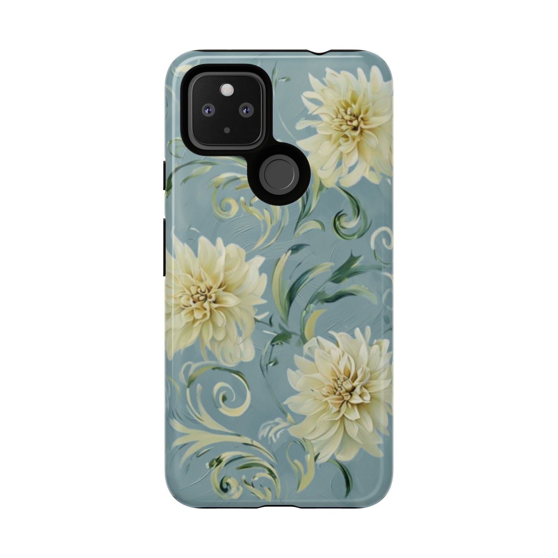 Golden Dahlia Trio - Elegant Floral Google Pixel 4a 5G Tough Phone Case - Artistic White & Blue Dahlia Design