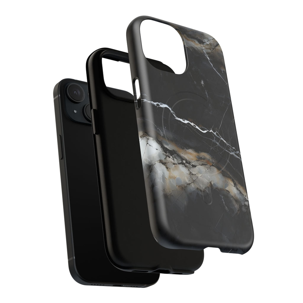 Obsidian Vein iPhone 15 MagSafe Phone Case -Black Neutral Marble Design