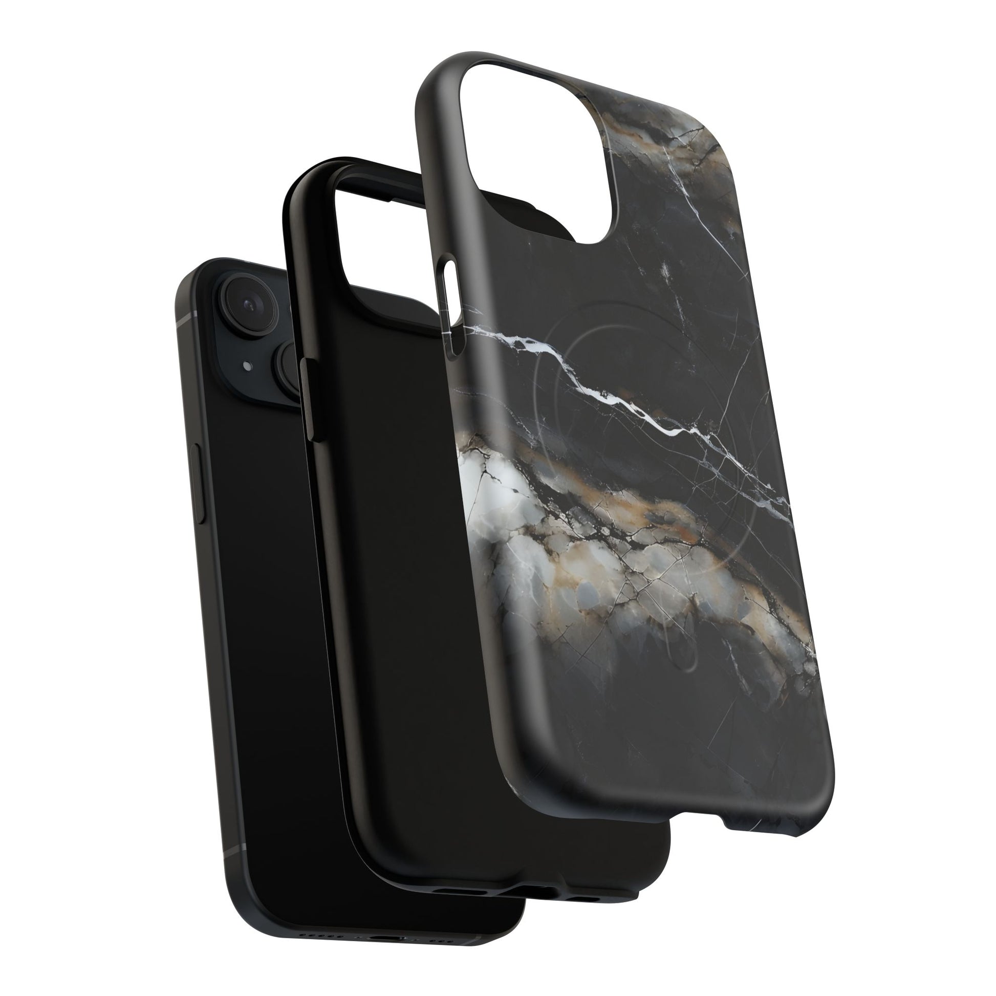 Obsidian Vein iPhone 15 MagSafe Phone Case -Black Neutral Marble Design