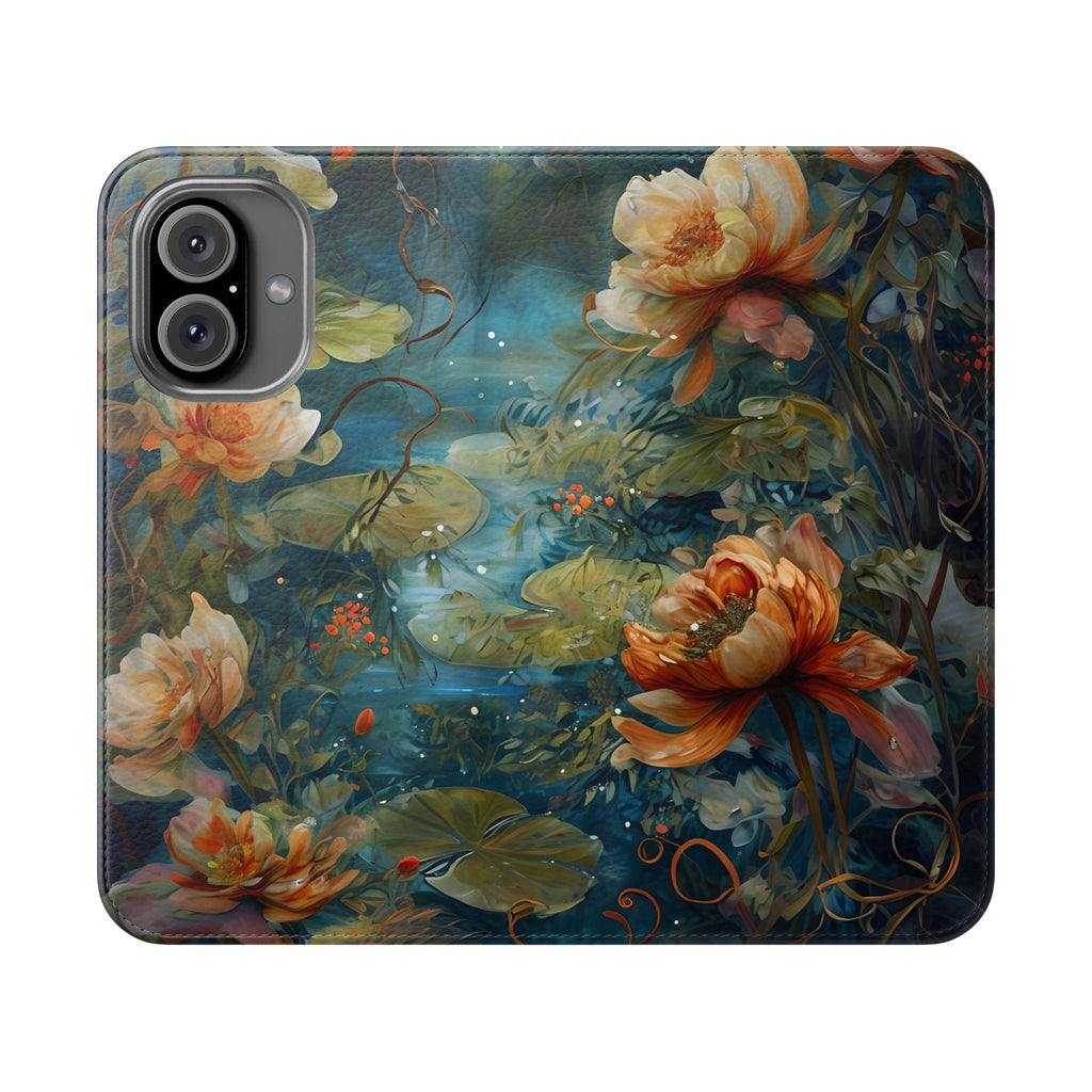 Waterlily Nocturne iPhone 16 Wallet Case - Elegant Floral Flip Cover, Vintage Botanical Phone Folio
