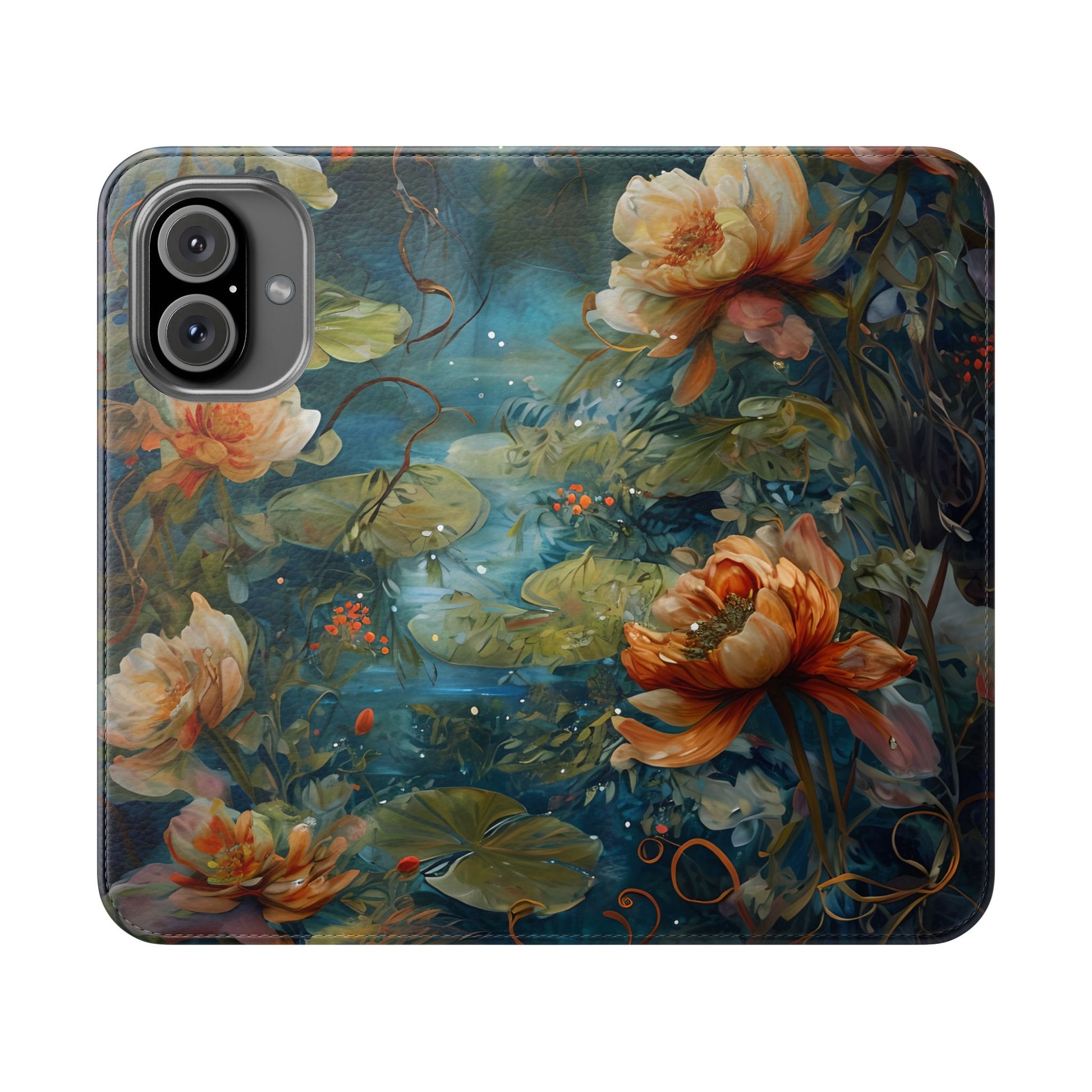 Waterlily Nocturne iPhone 16 Wallet Case - Elegant Floral Flip Cover, Vintage Botanical Phone Folio