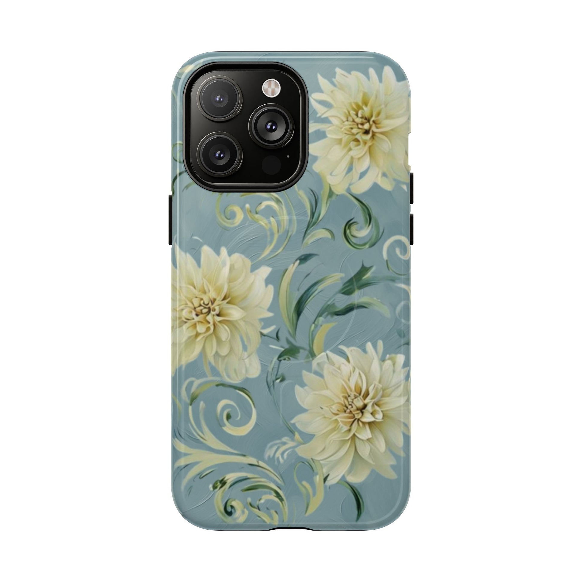 Golden Dahlia Trio - Elegant Floral iPhone 14 Pro Max MagSafe Phone Case - Artistic White & Blue Dahlia Design