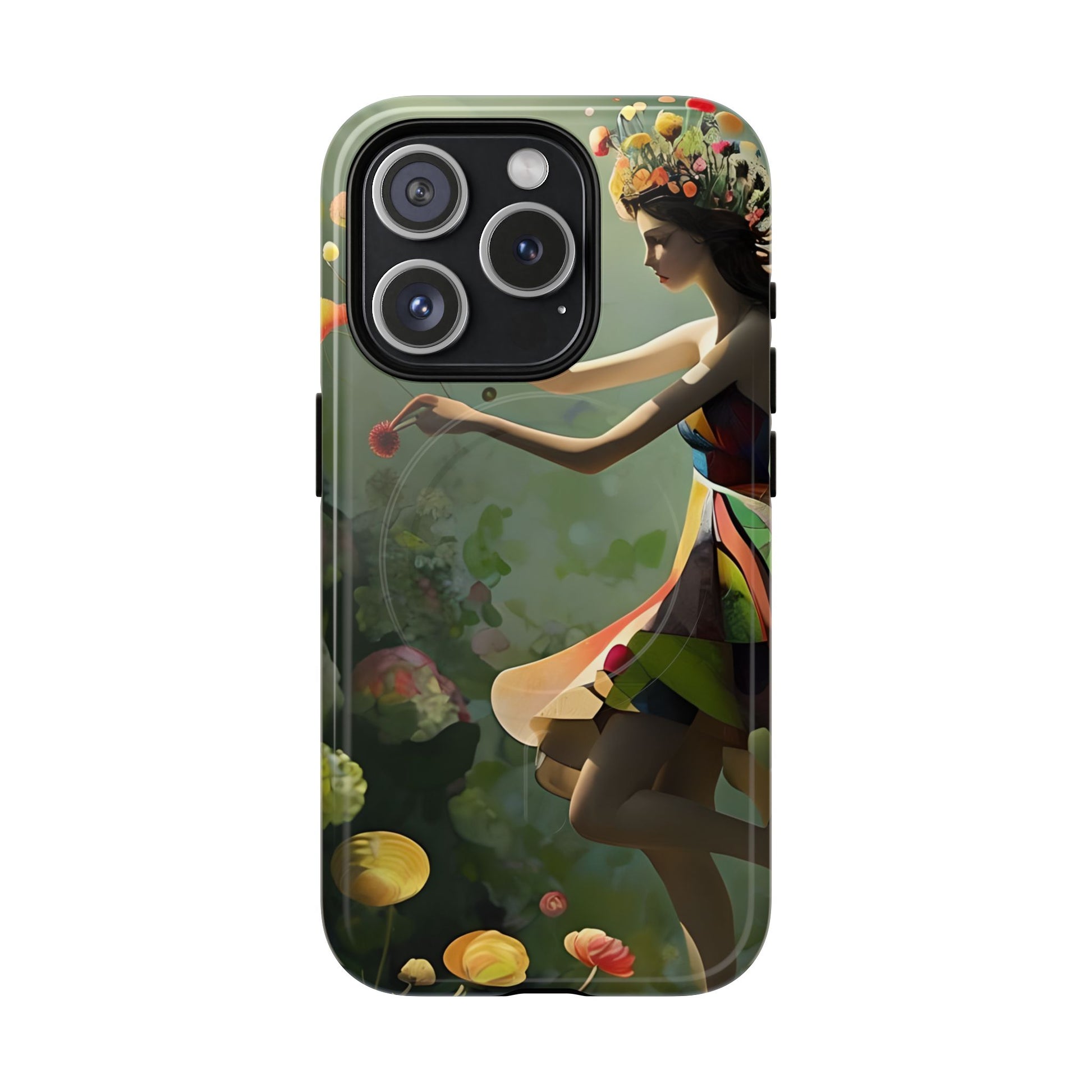 Dancing Wildflower Muse iPhone 15 Pro - Artistic Floral Fantasy Cover - MagSafe Compatible - Whimsical Nature-Inspired Protective Accessory