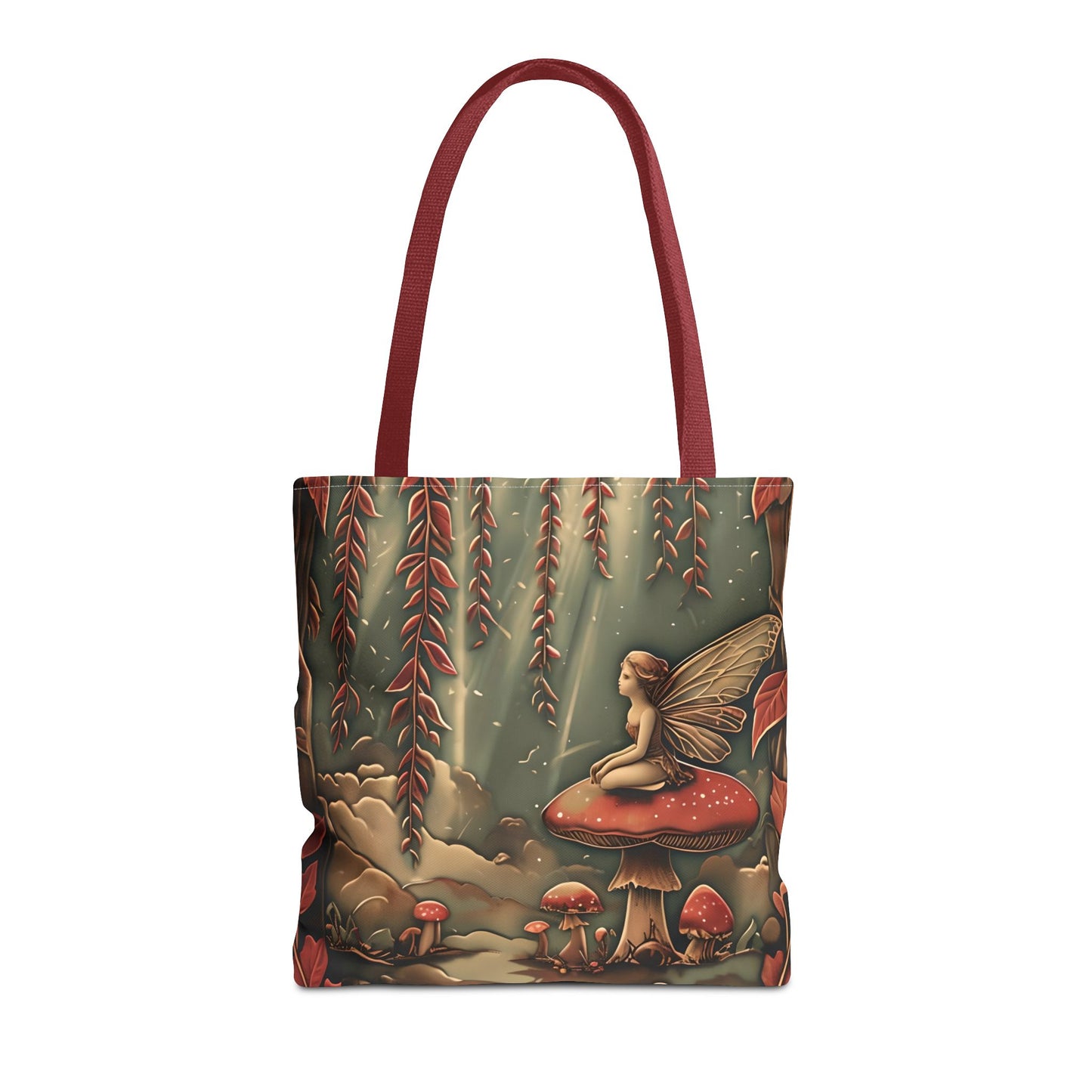 Willow Whisper canvas tote bag featuring a fairy sitting atop a mushroom beneath willow trees with red handles