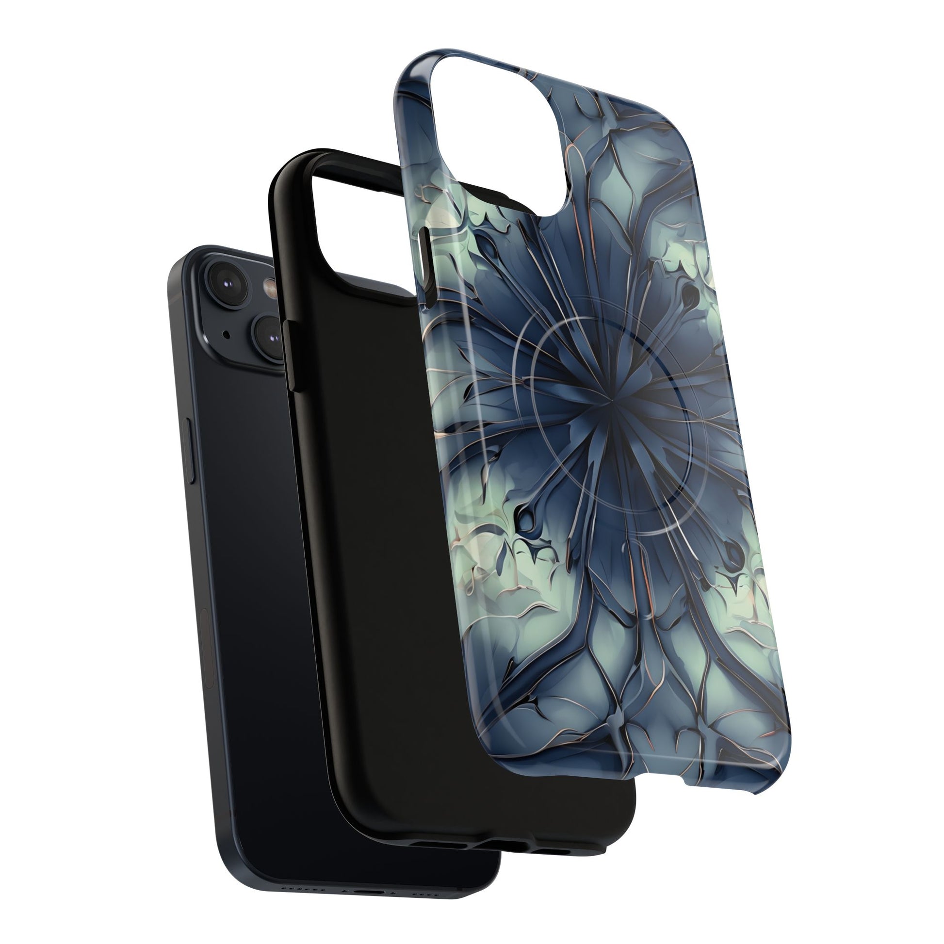 Indigo Mosaic - Artistic Kaleidoscope Collection Artistic Floral - iPhone 14 Plus MagSafe Phone Case -Bold Blue Symmetrical Design