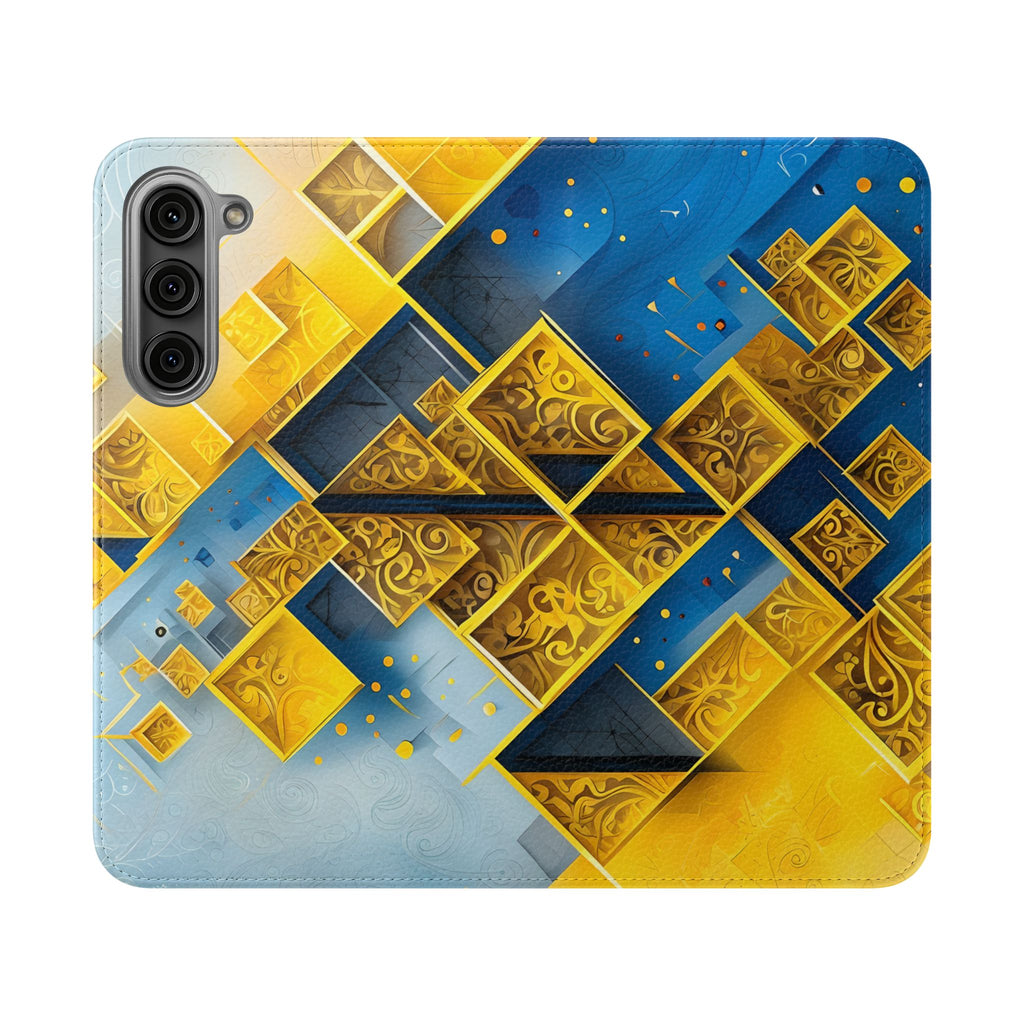 Golden Ascent Wallet Phone Case - Abstract Yellow & Blue Flip Cover for Samsung Galaxy S23 Plus