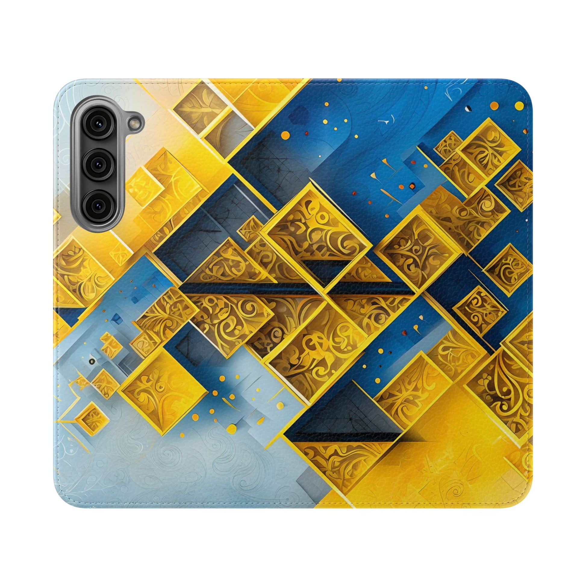 Golden Ascent Wallet Phone Case - Abstract Yellow & Blue Flip Cover for Samsung Galaxy S23 Plus