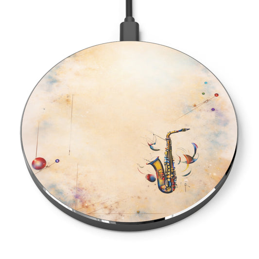 Brass Rhapsody saxophone music art Qi wireless charger with colorful jazz instrument design