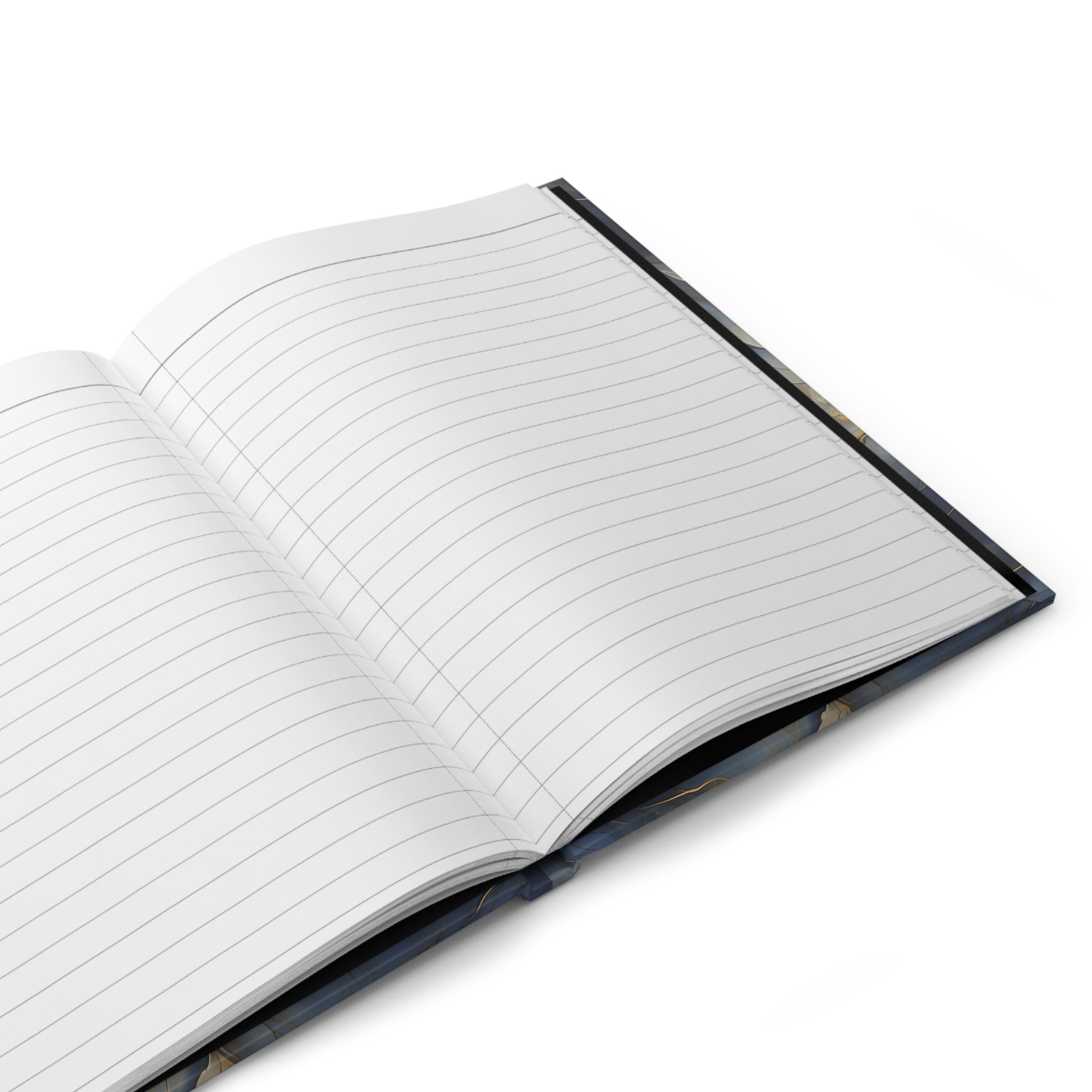 Open hardcover journal showing lined writing pages inside Luminous Petal notebook